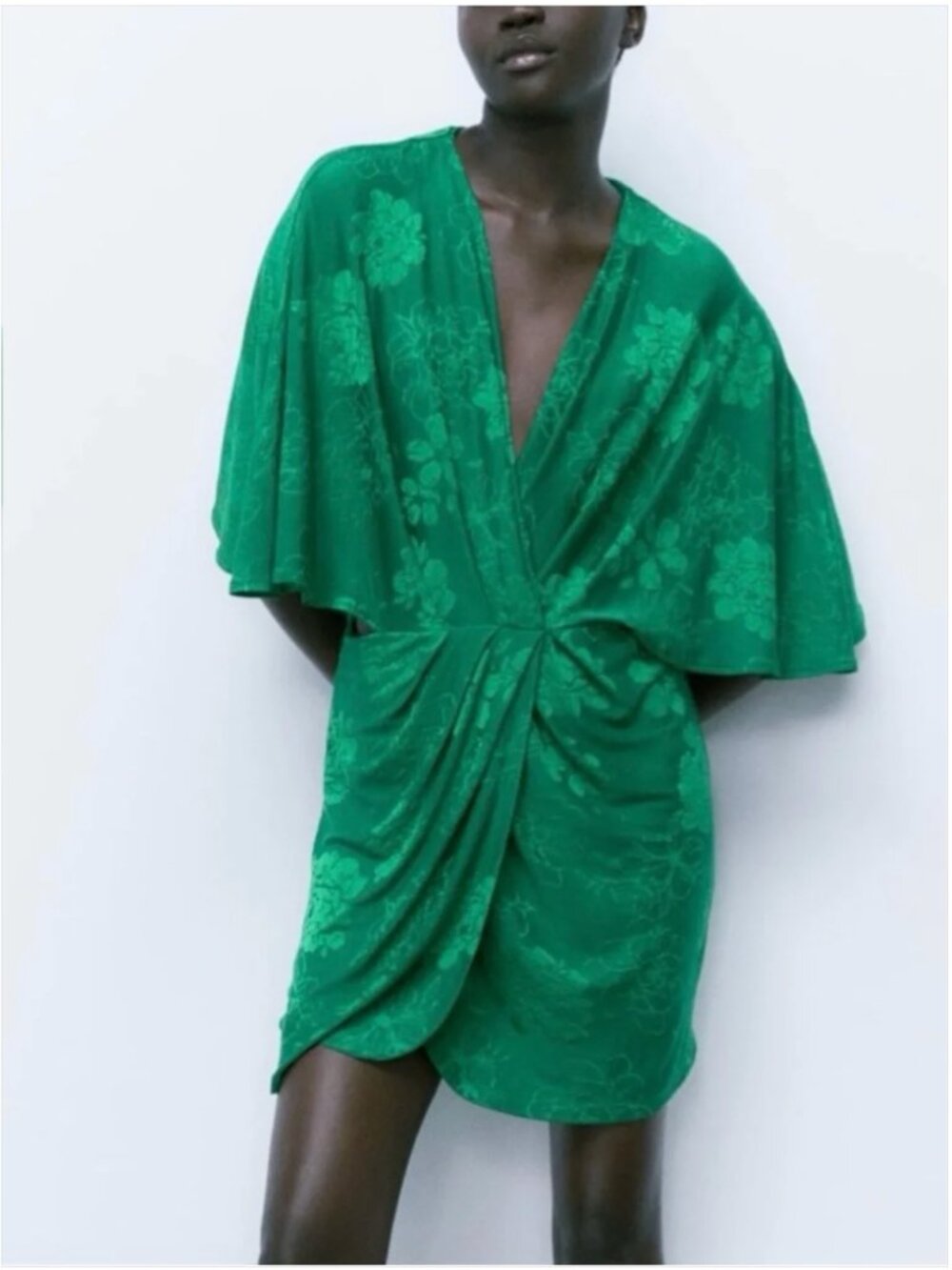 Zara Emerald Green Floral Draped V-Neck Midi Dress